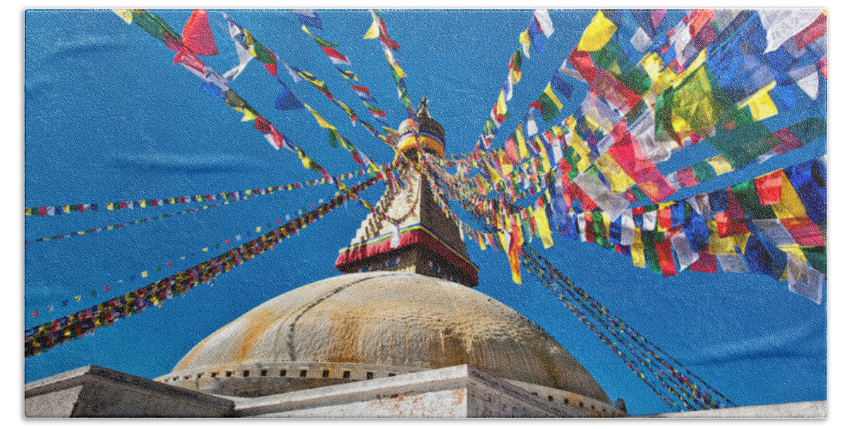 Sky Bath Towel featuring the photograph Boudhanath Stupa #1 by U Schade