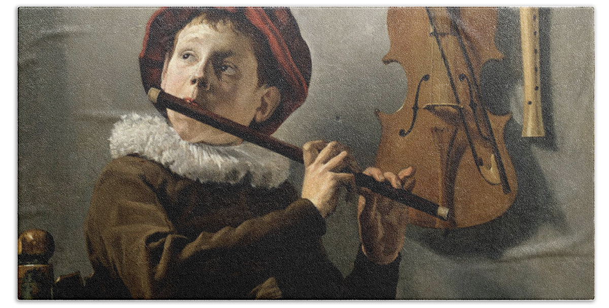 Judith Leyster Bath Towel featuring the painting Boy playing the Flute by Judith Leyster