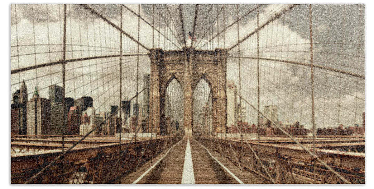 Brooklyn Hand Towel featuring the photograph Brooklyn Bridge (sepia) by Shelley Lake