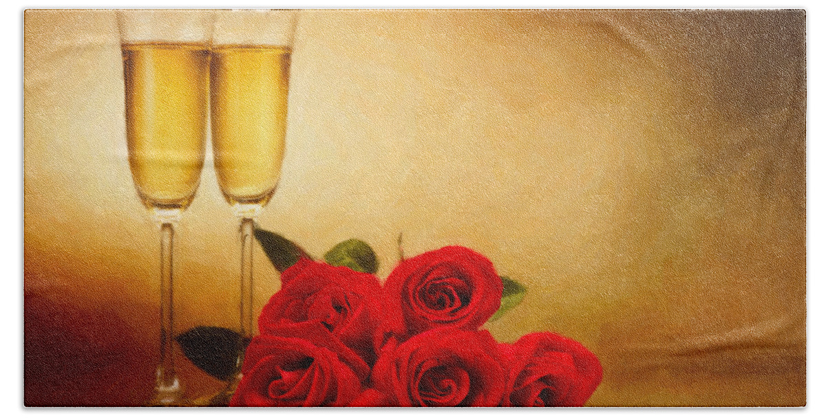 Celebration Bath Sheet featuring the photograph Champagne glasses and roses #1 by U Schade
