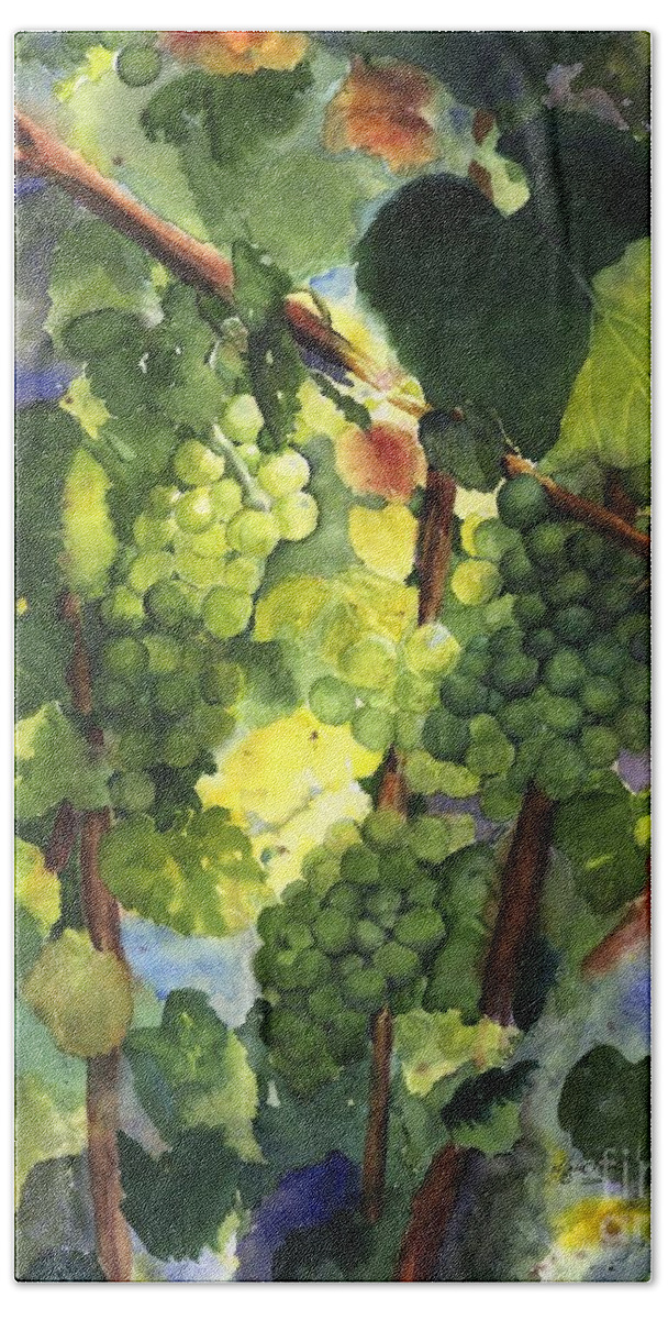 Green Grapes Bath Towel featuring the painting Chardonnay au Soliel by Maria Hunt