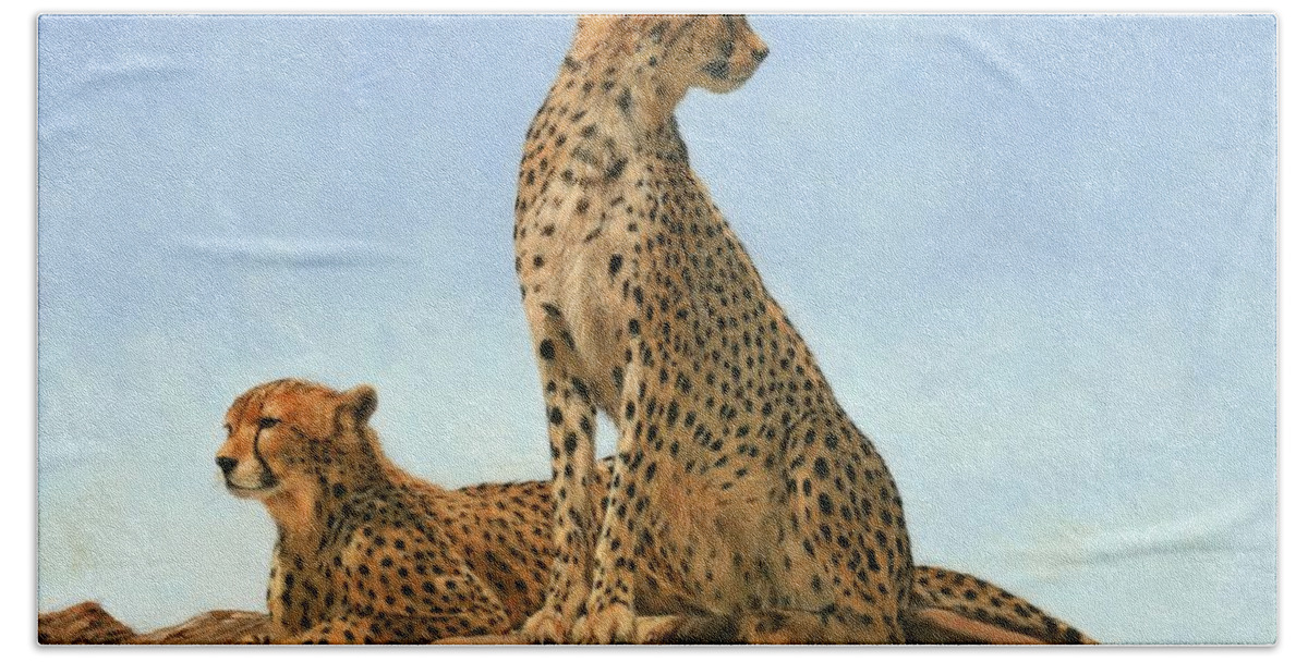 Cheetah Bath Towel featuring the painting Cheetahs #2 by David Stribbling