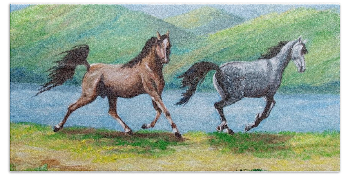 Colt Hand Towel featuring the painting Colt and mare by Jean Pierre Bergoeing