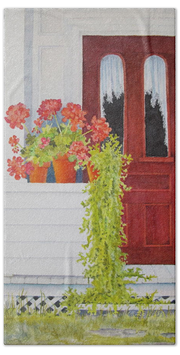 Door Bath Towel featuring the painting Come On In by Mary Ellen Mueller Legault
