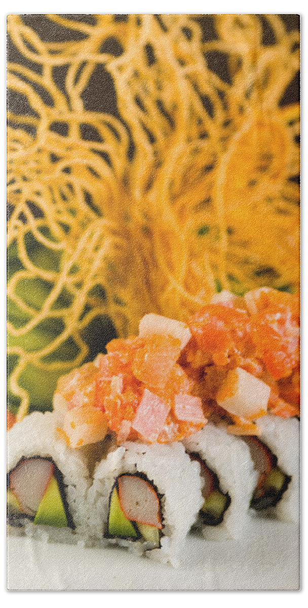 Asian Bath Towel featuring the photograph Crab and Salmon Roll by Raul Rodriguez