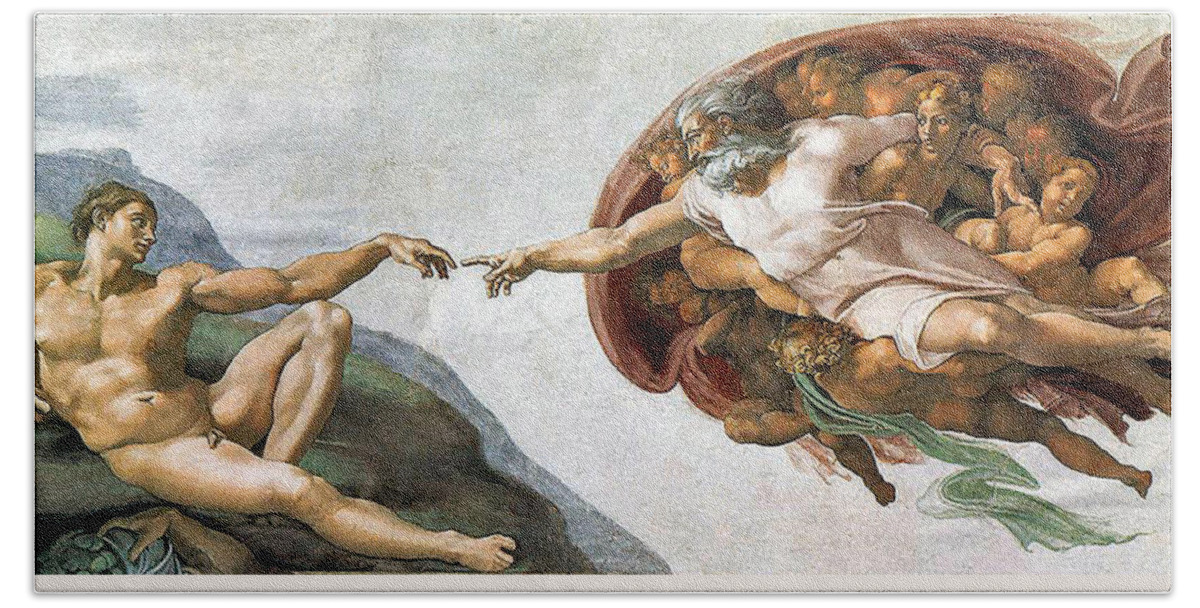 Creation Of Adam Bath Towel featuring the painting Creation of Adam by Michelangelo Buonarroti