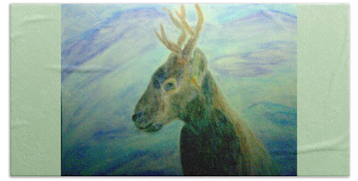 Deer Bath Towel featuring the mixed media Deer at Home by Suzanne Berthier