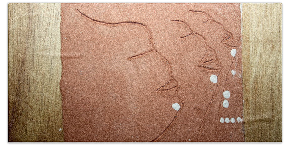 Jesus Bath Towel featuring the ceramic art Faces - tile #1 by Gloria Ssali