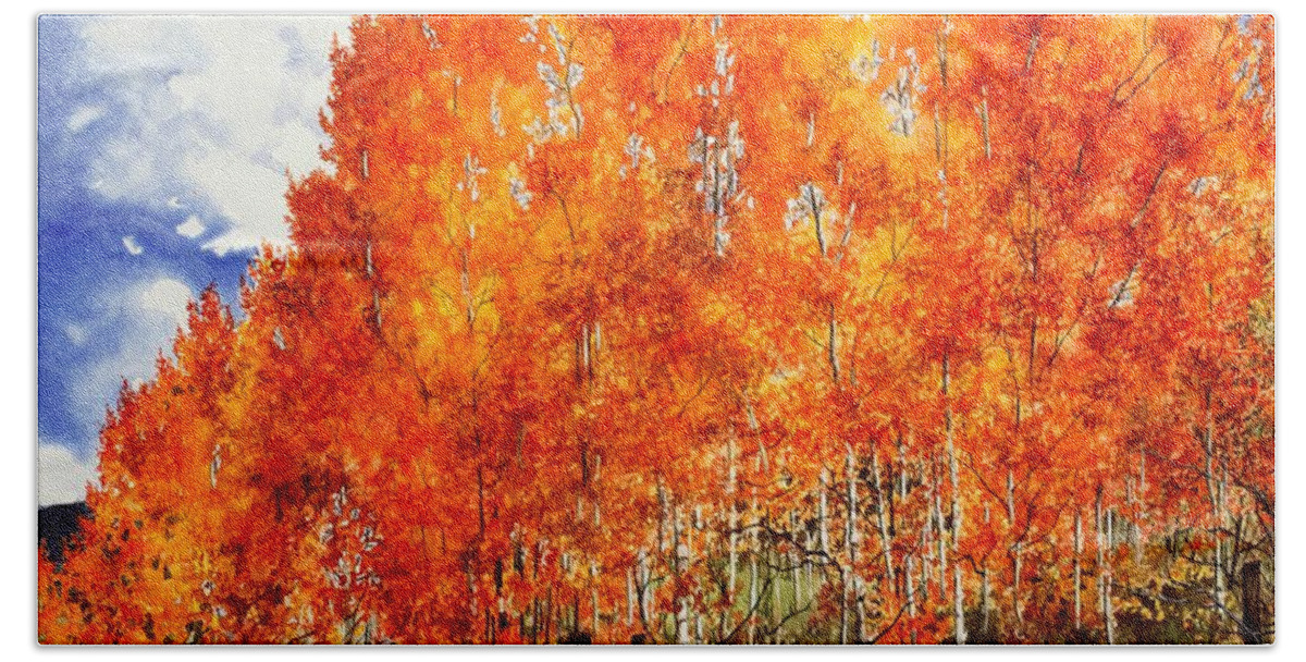 Watercolor Trees Hand Towel featuring the painting Flaming Aspens 2 by Barbara Jewell