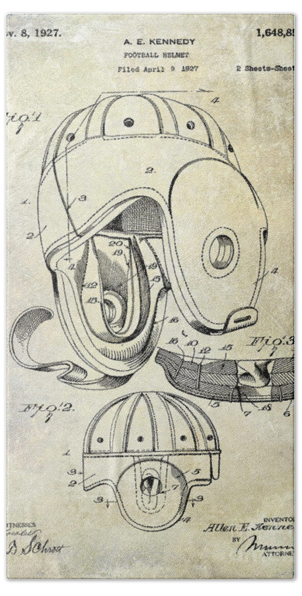 Football Patent Hand Towel featuring the photograph 1927 Football Helmet Patent by Jon Neidert