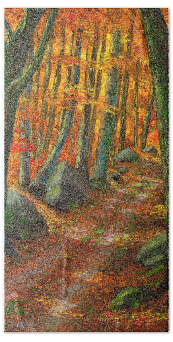 Road In The Woods Bath Towel featuring the painting Forest Light #1 by Frank Wilson