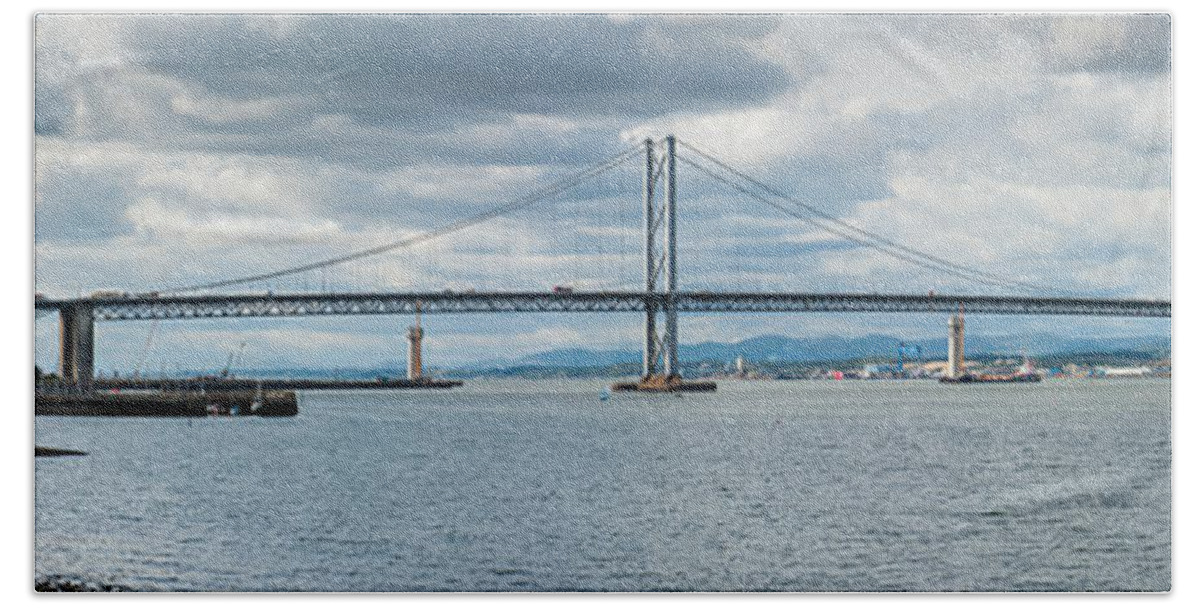 Firth Of Forth Hand Towel featuring the photograph Forth Road Bridge panorama #1 by Gary Eason