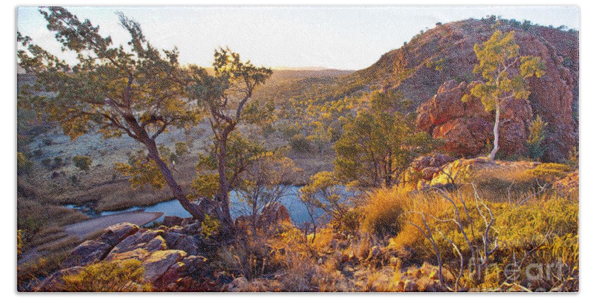 Glen Helen Gorge Outback Landscape Central Australia Water Hole Northern Territory Australian West Mcdonnell Ranges Hand Towel featuring the photograph Gelen Helen Gorge Sunrise #3 by Bill Robinson