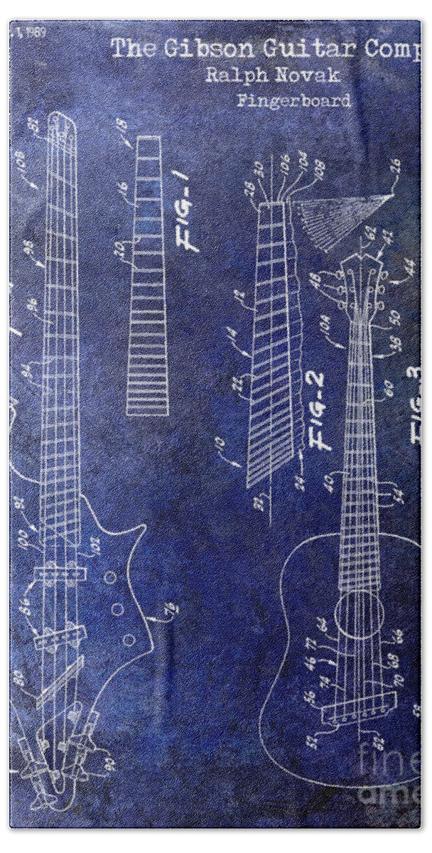 Gibson Guitar Patent Blueprint Bath Towel featuring the drawing Gibson Guitar Patent Drawing Blue #1 by Jon Neidert