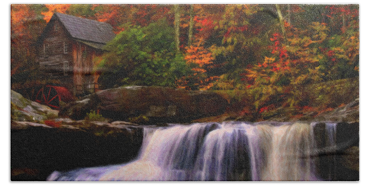 Glade Creek Grist Mill Hand Towel featuring the digital art Glade Creek grist mill by Flees Photos