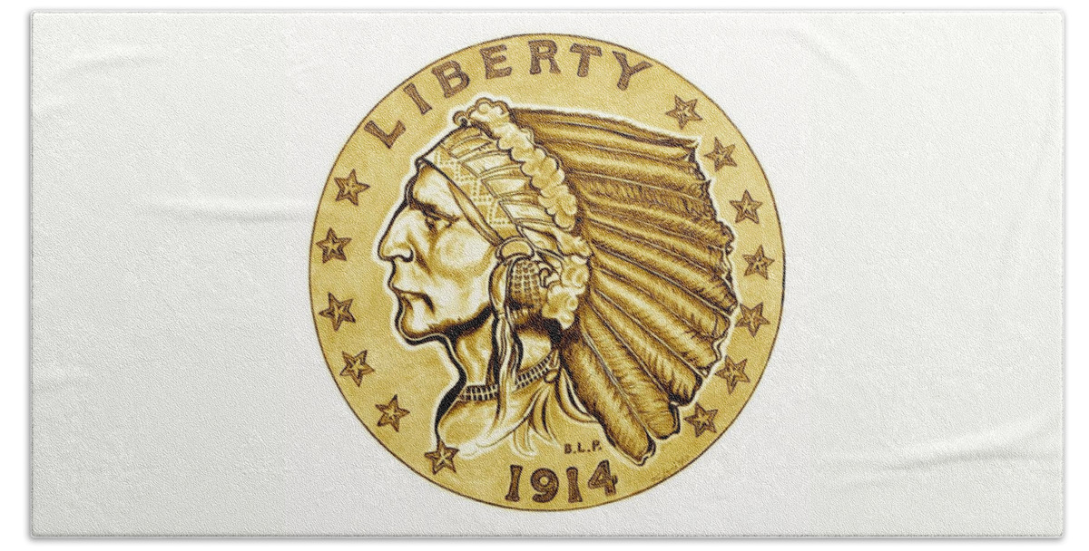 Indian Head Hand Towel featuring the drawing Gold Quarter Eagle #2 by Fred Larucci
