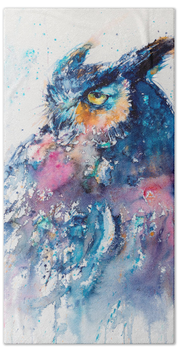 Great Horned Owl Hand Towel featuring the painting Great horned owl #1 by Kovacs Anna Brigitta