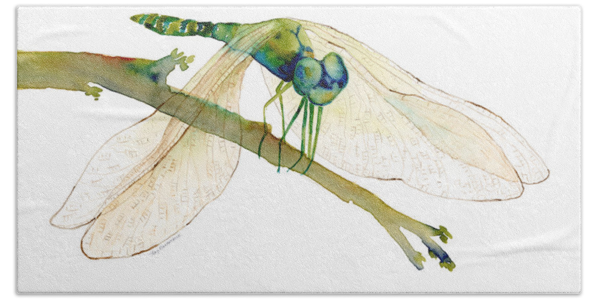 Blue Hand Towel featuring the painting Green Dragonfly by Amy Kirkpatrick