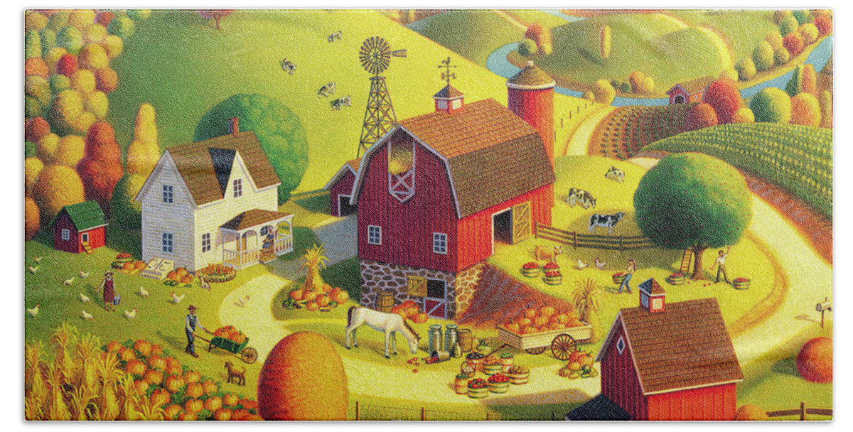 Harvest Landscape Hand Towel featuring the painting Harvest Bounty by Robin Moline