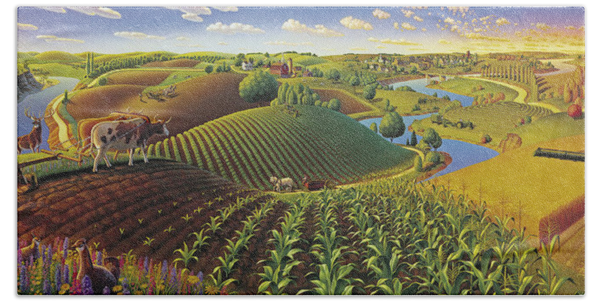 Farming Panorama Hand Towel featuring the painting Harvest Panorama by Robin Moline