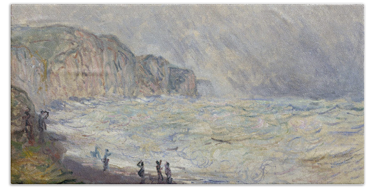 Claude Monet Bath Towel featuring the painting Heavy Sea at Pourville #1 by Claude Monet