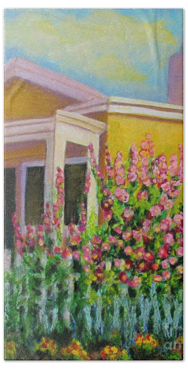 Hollyhock Hand Towel featuring the painting Hot Hollyhocks by Laurie Morgan