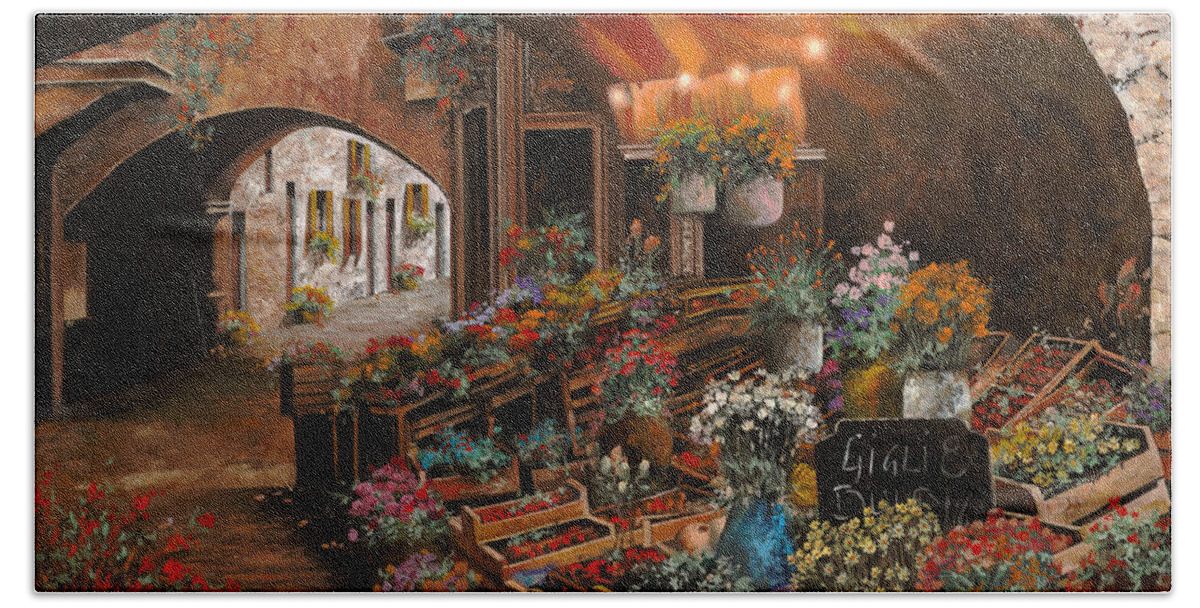Flower Market Hand Towel featuring the painting Il Mercato Dei Fiori by Guido Borelli
