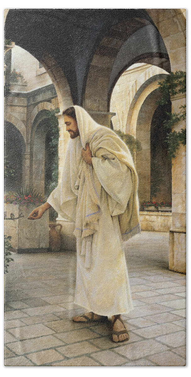 Jesus Hand Towel featuring the painting In His Constant Care by Greg Olsen