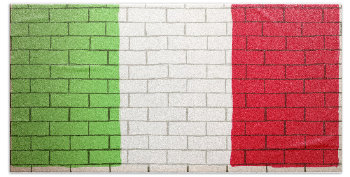 Flag Bath Towel featuring the photograph Italy flag brick wall background #1 by Jorgo Photography