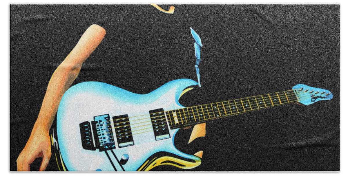 Joe Satriani Bath Towel featuring the painting Joe Satriani Painting by Paul Meijering