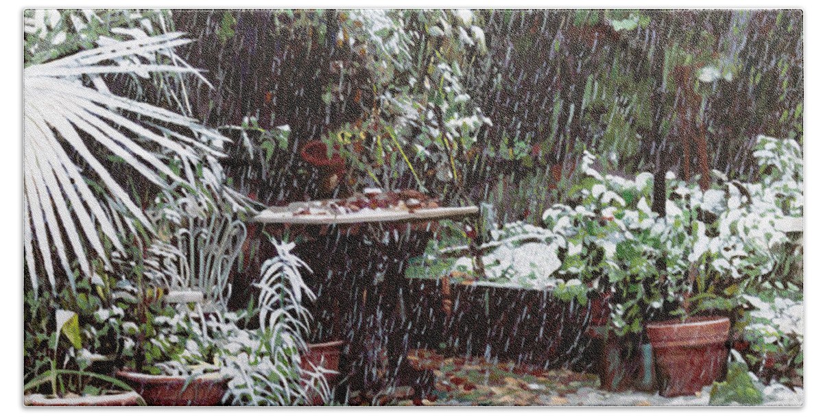 Snow Hand Towel featuring the painting La Neve Sotto La Topia by Guido Borelli