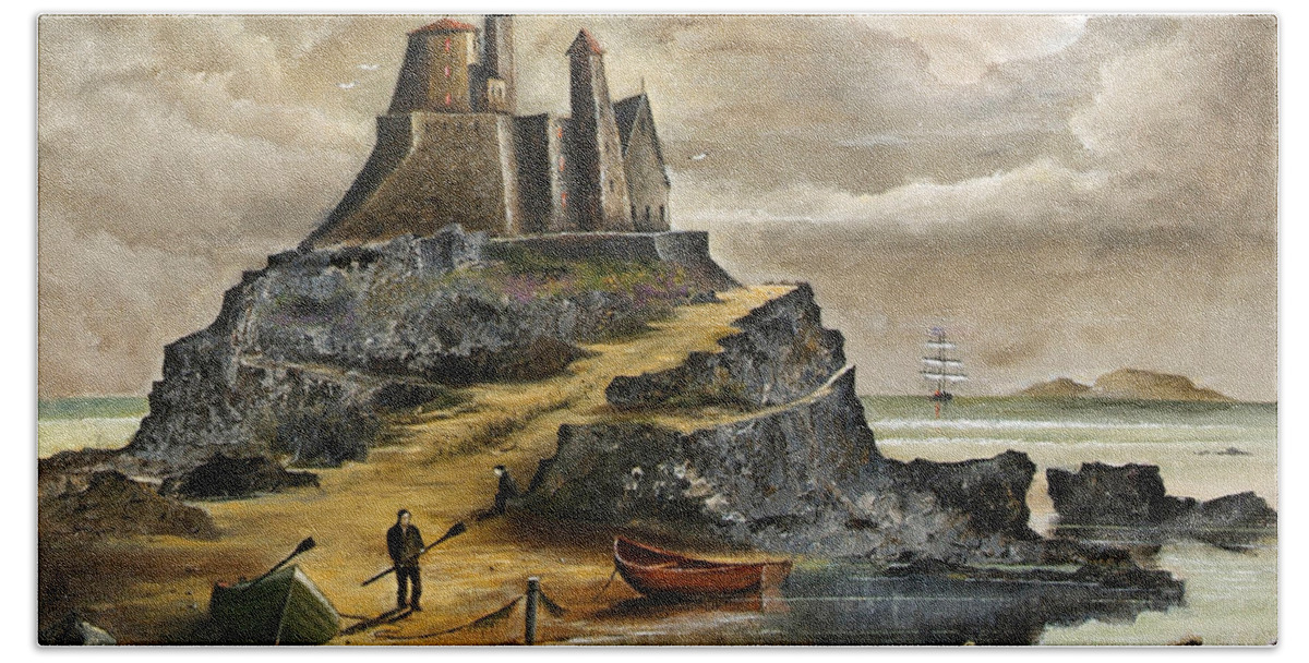 Countryside Bath Towel featuring the painting Lindisfarne - England by Ken Wood