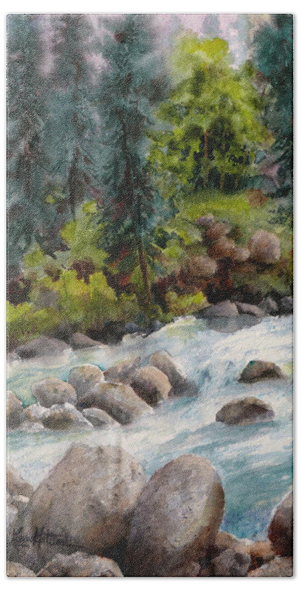 Little Susitna River Hand Towel featuring the painting Little Susitna River Rocks #2 by Karen Mattson