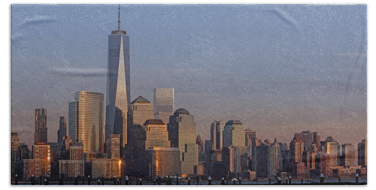 World Trade Center Hand Towel featuring the photograph Lower Manhattan Skyline by Susan Candelario