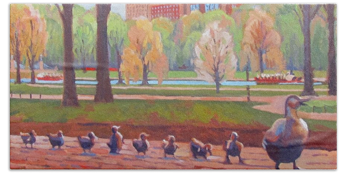 Boston Hand Towel featuring the painting Make Way for Ducklings #1 by Dianne Panarelli Miller