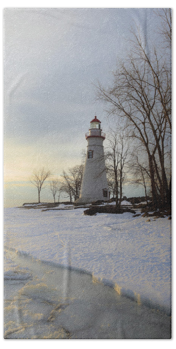 Erie Hand Towel featuring the photograph Marblehead Lighthouse Winter Sunrise #1 by Jack R Perry