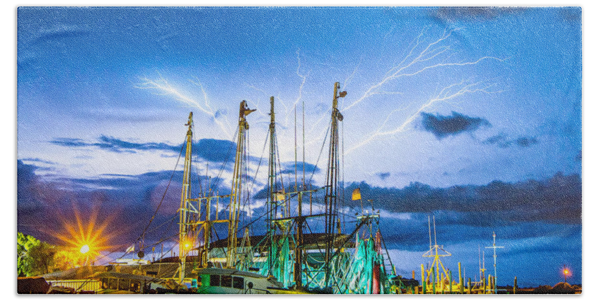 Lightning Bath Towel featuring the photograph Masts Electrified by Stephen Whalen