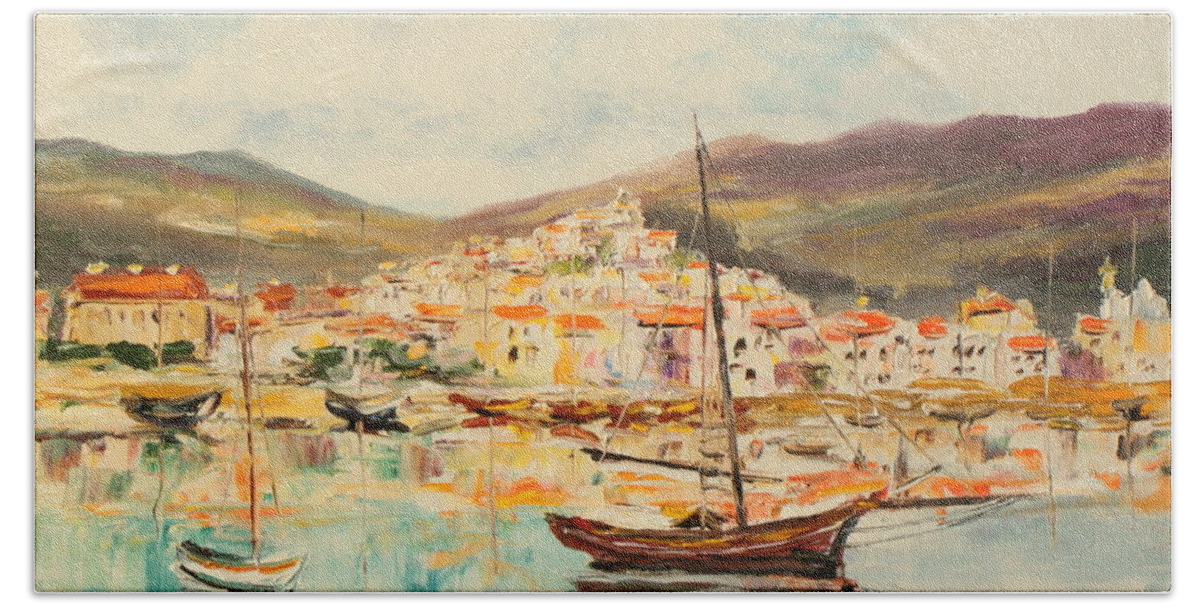 Menton Hand Towel featuring the painting Mentone harbour #1 by Luke Karcz