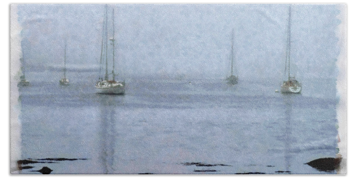 New England Coastline Bath Towel featuring the photograph Misty sails upon the water #2 by Jeff Folger