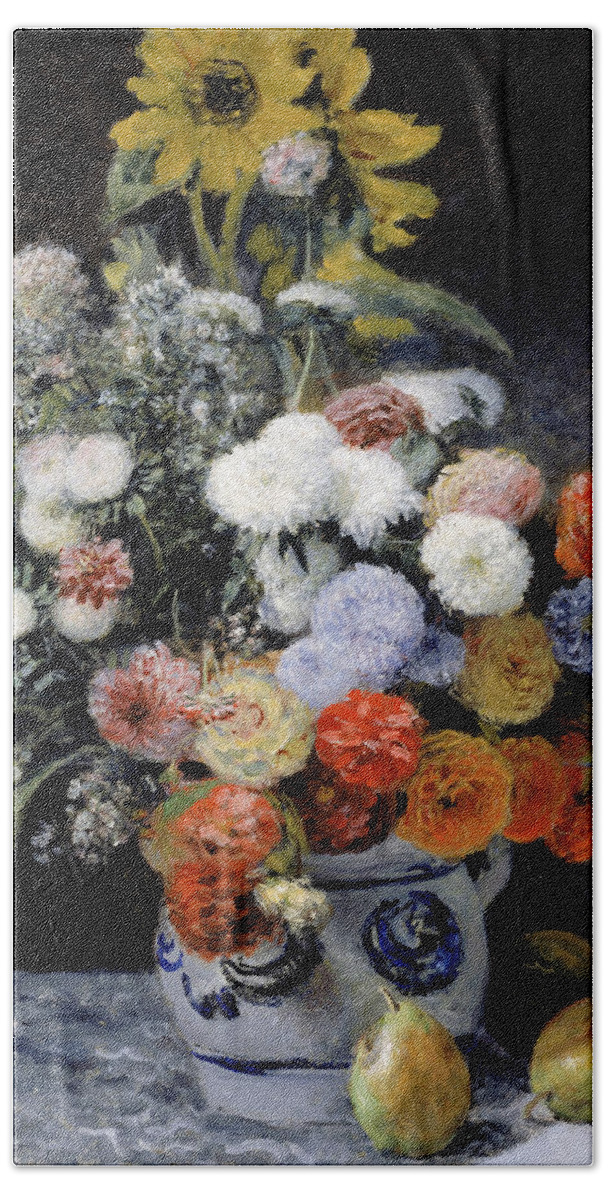 Pierre-auguste Renoir Bath Towel featuring the painting Mixed Flowers in an Earthenware Pot #2 by Pierre-Auguste Renoir