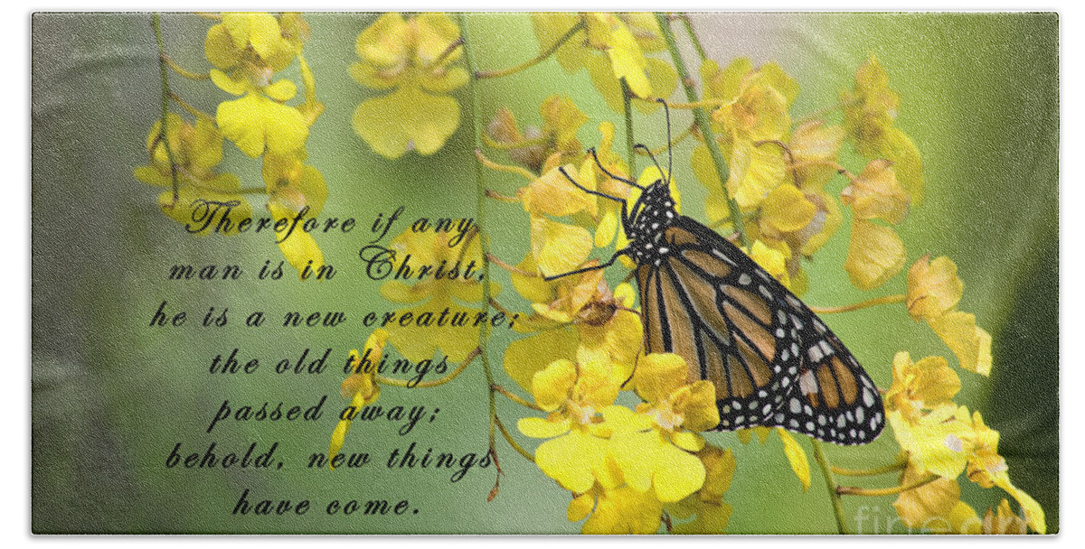 Scripture Bath Towel featuring the photograph Monarch Butterfly with Scripture #1 by Jill Lang