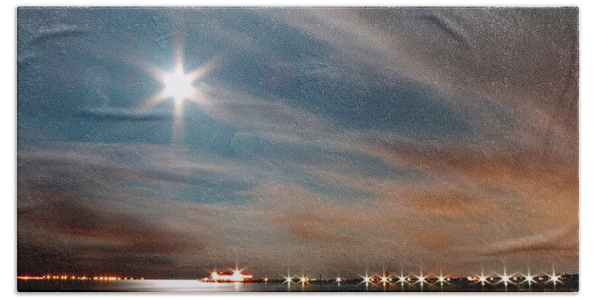Rolf Bertram Bath Towel featuring the photograph Moon Rise over Anna Maria Island Historic City Pier #1 by Rolf Bertram