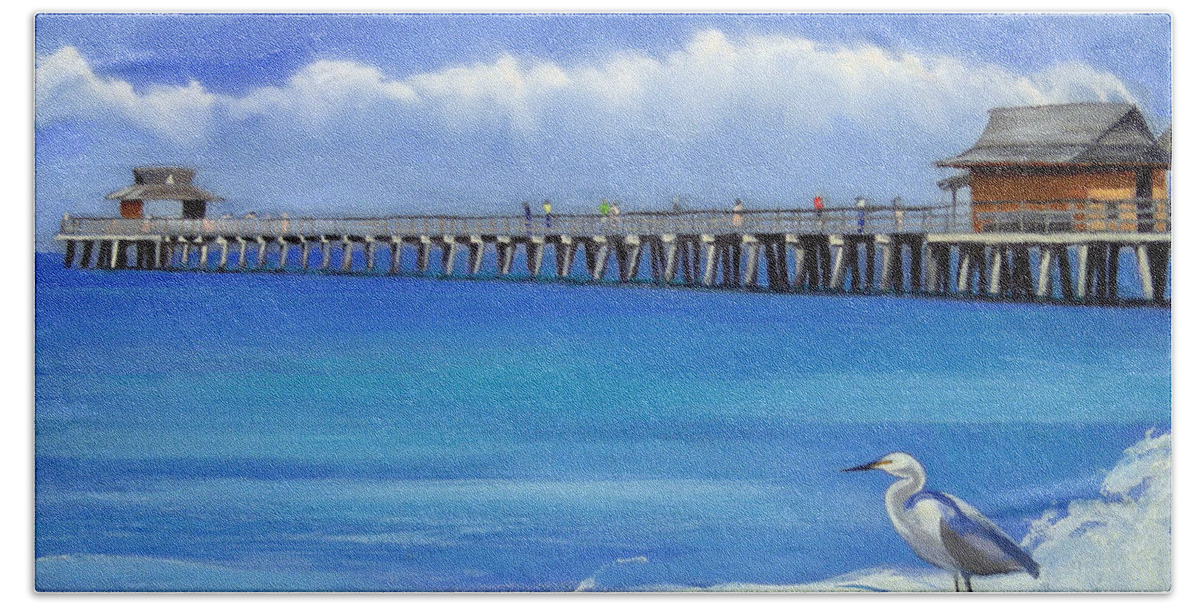 Christine Hopkins Hand Towel featuring the painting Naples Pier Naples Florida #1 by Christine Hopkins