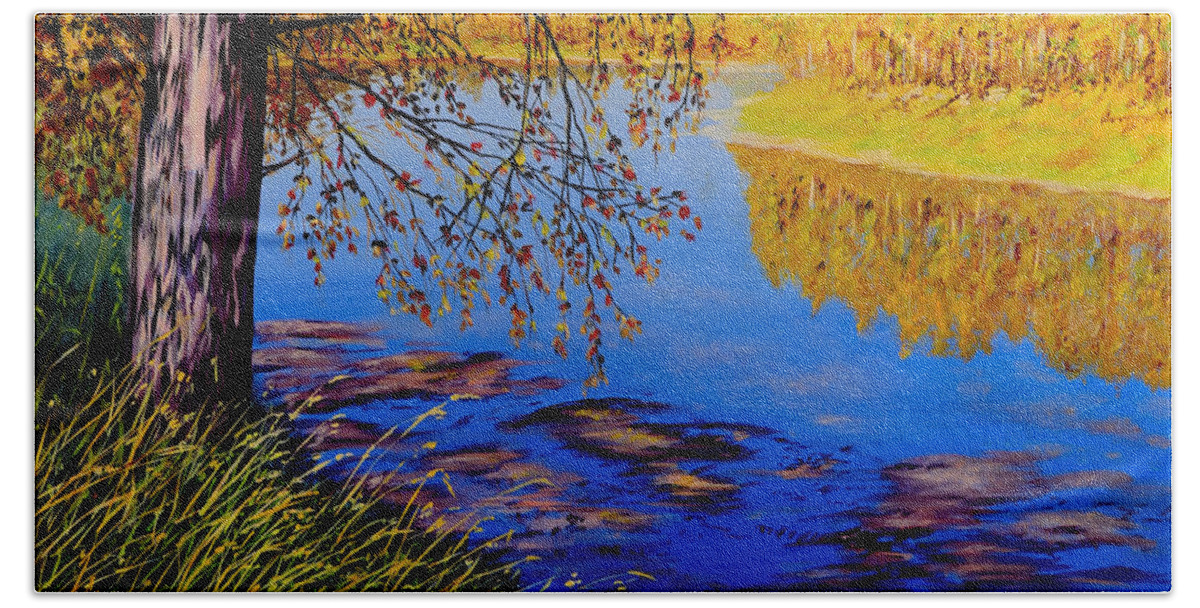 Blue Tone Hand Towel featuring the painting October Afternoon by Sher Nasser