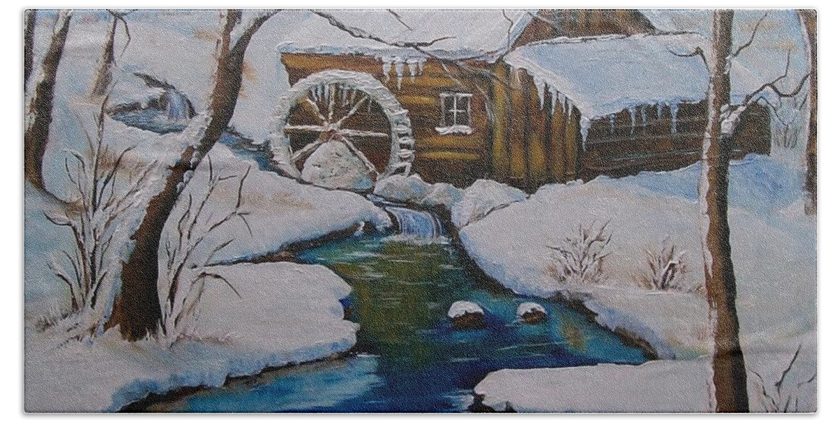 River Hand Towel featuring the painting Old Grist Mill #2 by Sharon Duguay