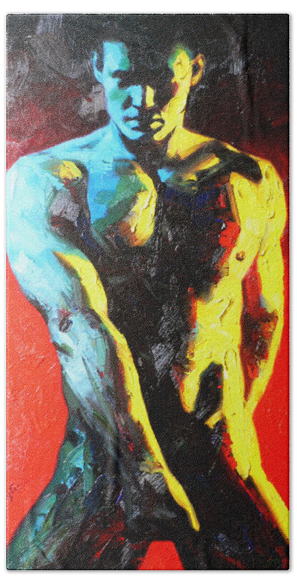 Original Art Hand Towel featuring the painting Original Abstract Oil Painting Art-male Nude By Kinfe by Hongtao Huang
