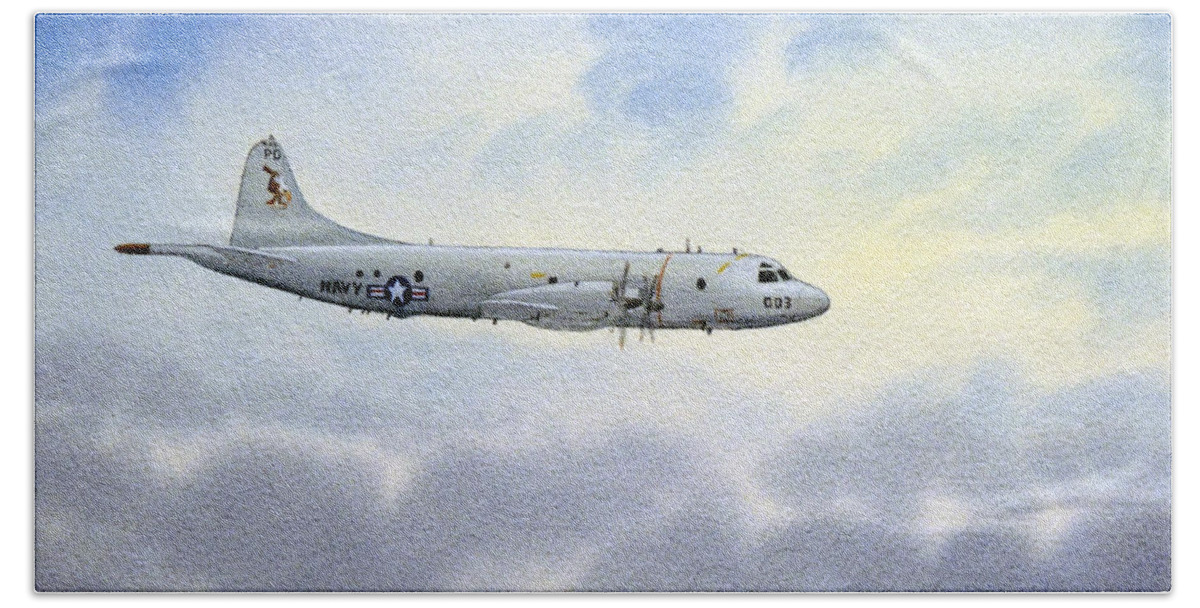 Aircraft Paintings Bath Towel featuring the painting P-3 Orion by Bill Holkham