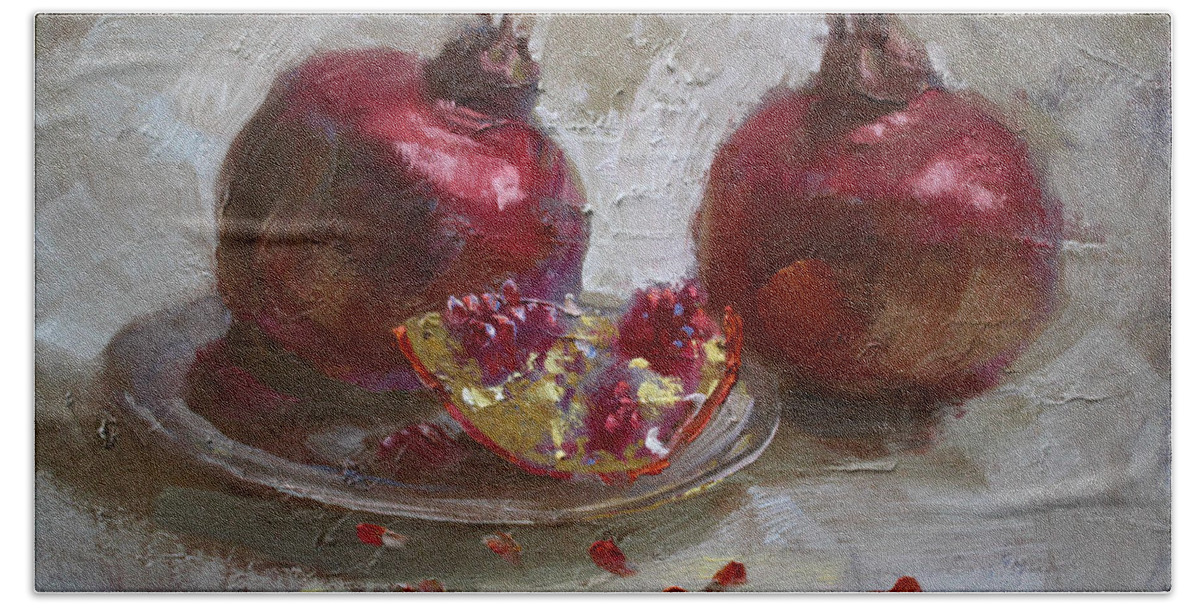 Pomegranates Hand Towel featuring the painting Pomegranates by Ylli Haruni