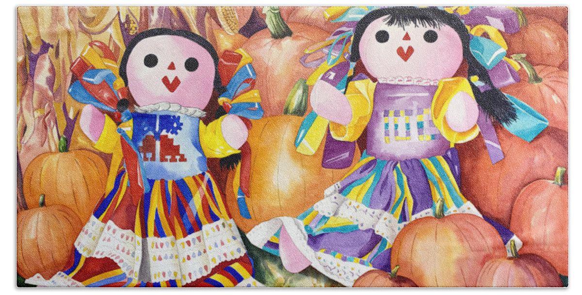 Girls Hand Towel featuring the painting Pumpkin Patch Party by Kandyce Waltensperger