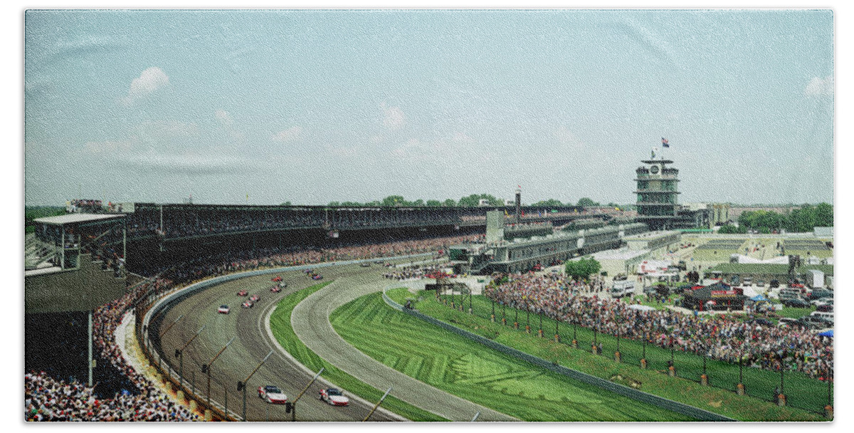 Photography Hand Towel featuring the photograph Race Cars In Pace Lap In A Stadium #1 by Panoramic Images